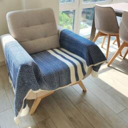 Handwoven Merino Wool Throw Blue Striped Chair Cover, Sofa Blanket - thumbnail 2