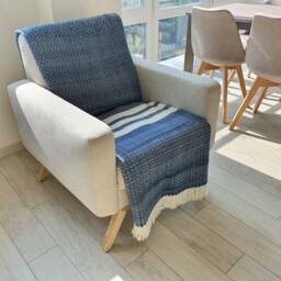 Handwoven Merino Wool Throw Blue Striped Chair Cover, Sofa Blanket - thumbnail 3