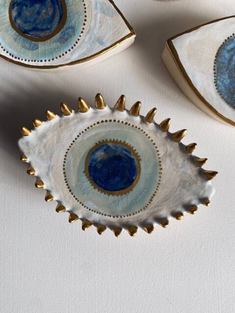 Handmade Ceramic Evil Eye Wall Hanging 14K Gold Detail Home Protection , Greek Wall Art - image 1