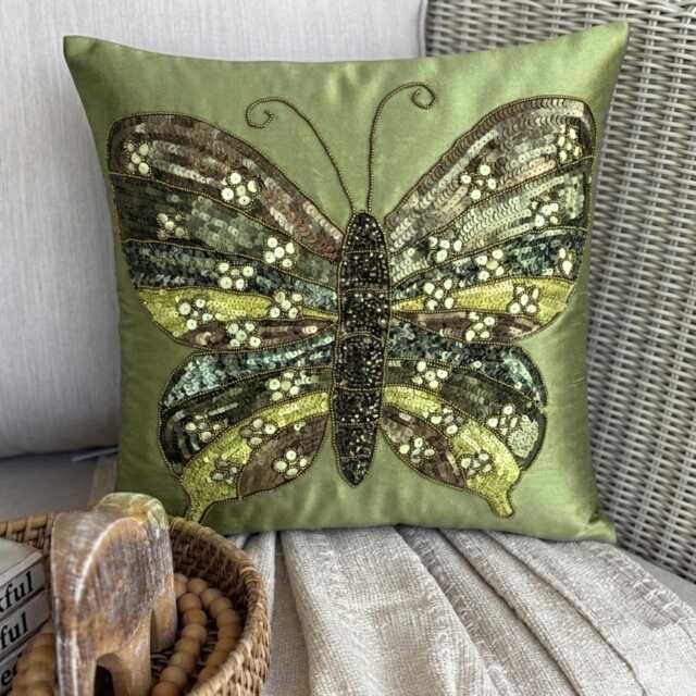 Sequin & Beaded Birds Pattern, Green Art Silk, 24x24/26x26 Modern Euro Sham - Butterfly Envy - image 1