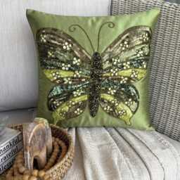 Sequin & Beaded Birds Pattern, Green Art Silk, 24x24/26x26 Modern Euro Sham - Butterfly Envy - thumbnail 2