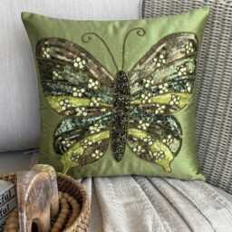 Sequin & Beaded Birds Pattern, Green Art Silk, 24x24/26x26 Modern Euro Sham - Butterfly Envy - thumbnail 1