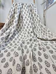 Kantha Stitch Pure Cotton Reversible Bed/Sofa Throw King Size - Handmade Handprinted Floral Dohar Grey White Small Leaf Motif Border - thumbnail 1