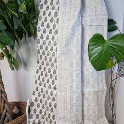 Kantha Stitch Pure Cotton Reversible Bed/Sofa Throw King Size - Handmade Handprinted Floral Dohar Grey White Small Leaf Motif Border - thumbnail 4