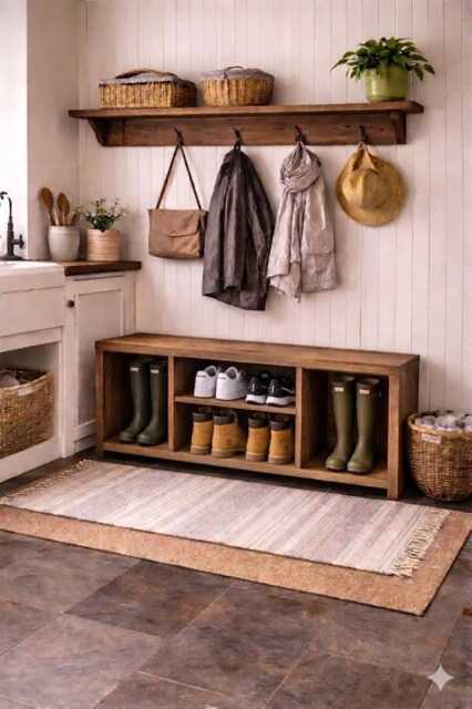 Handmade Bespoke Rustic Shoe & Welly Rack Storage Bench, Entryway Hallway Organiser, Solid Wood Seating - image 1