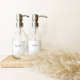 New Clear Glass Soap Dispenser Set Refillable Hand & Lotion Bottles