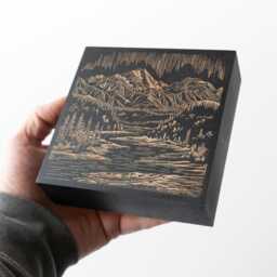 Alaska Denali Aurora Borealis Engraved Wood Panel - Linocut Block Print Wall Art, State Illustration, Mountain Folk Art Home Decor Gift - thumbnail 2