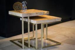 Solid Mapa Burl Wood Side Table Set Satin Brass Coffee