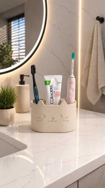 Cat Toothbrush Holder Organizer - Minimalist Bathroom Storage Cute Toothpaste Modern Countertop Aesthetic Home Decor - image 1