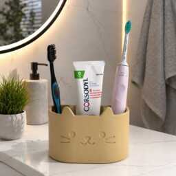 Cat Toothbrush Holder Organizer - Minimalist Bathroom Storage Cute Toothpaste Modern Countertop Aesthetic Home Decor - thumbnail 2