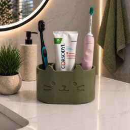 Cat Toothbrush Holder Organizer - Minimalist Bathroom Storage Cute Toothpaste Modern Countertop Aesthetic Home Decor - thumbnail 3