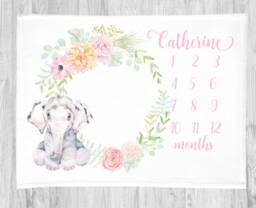 Elephant Baby Girl Milestone Blanket-Baby Gift -Baby Month Blanket -Growth Blanket-Personalized - Floral Wreath - thumbnail 1