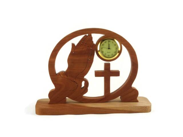 Praying Hands & Cross Desk Clock Handmade From Cherry Wood By Kevskrafts Woodworking - image 1