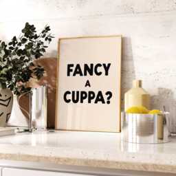 Fancy A Cuppa Print - Kitchen Poster Tea Retro Trendy Wall Art Natural & Black - thumbnail 1