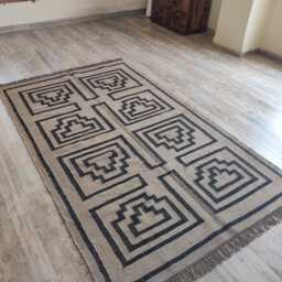 Handmade Wool Jute Kilim Rug, Beige & Black, 5x8 Ft - thumbnail 2