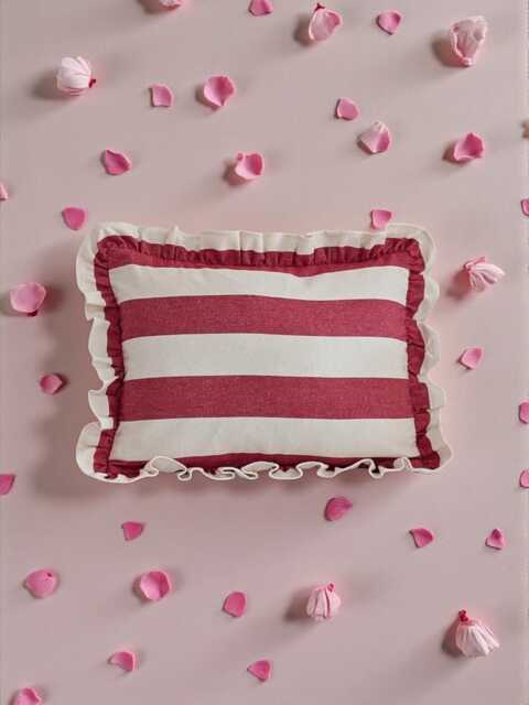 striped Ruffled Lumbar Cushion Cover - Ian Mankin Devon Peony Fabric - image 1
