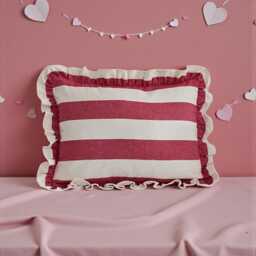 striped Ruffled Lumbar Cushion Cover - Ian Mankin Devon Peony Fabric - thumbnail 2