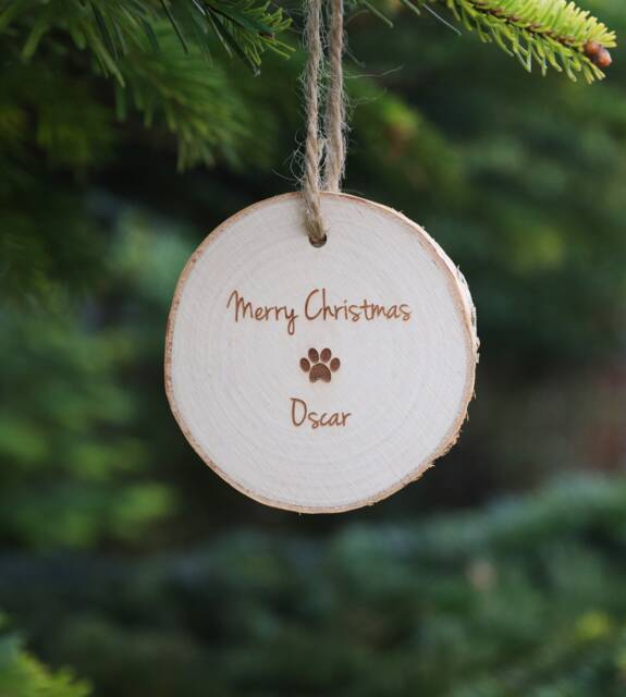 Personalised Pet Christmas Ornament Engraved Wooden Log Slice, Dog Paw Print - image 1