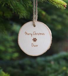 Personalised Pet Christmas Ornament Engraved Wooden Log Slice, Dog Paw Print - thumbnail 1
