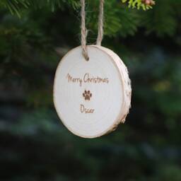 Personalised Pet Christmas Ornament Engraved Wooden Log Slice, Dog Paw Print - thumbnail 2