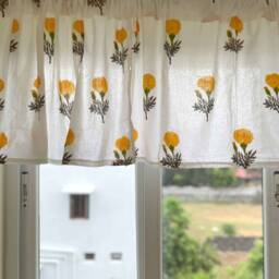 Yellow Marigold Hand Block Print Valance, Kitchen Cafe Curtains - thumbnail 2