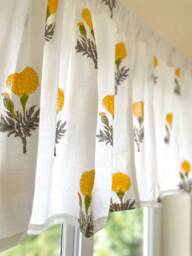Yellow Marigold Hand Block Print Valance, Kitchen Cafe Curtains