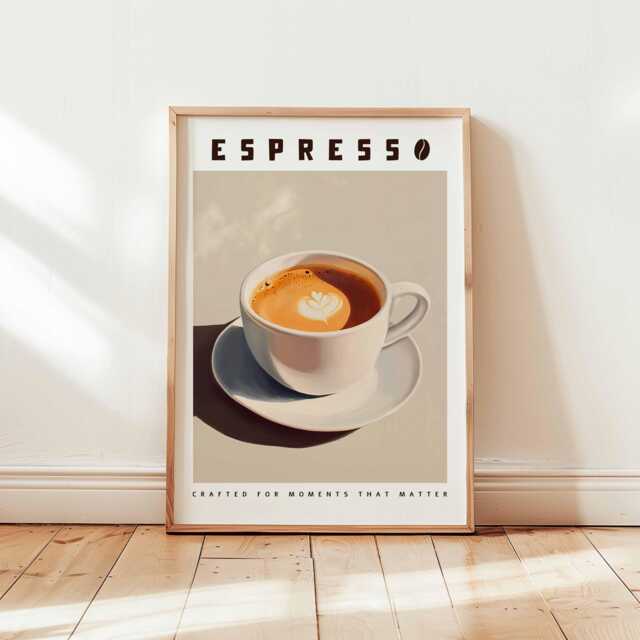 Espresso Coffee Poster Print, Latte Art Wall Decor, Neutral Kitchen Art, Minimalist Cafe Artwork, Unframed Modern Print