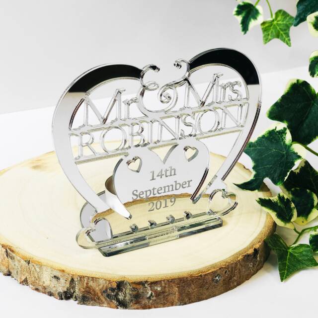 Personalised Silver Heart Tealight Holder - Mr & Mrs, Wedding Gift - image 1