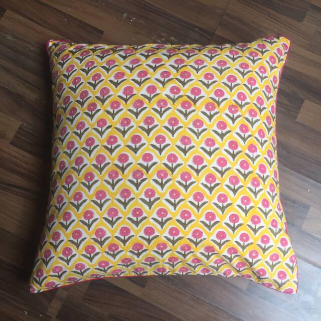 Handmade Reversible Cushion Cover Yellow Floral Block Print, 26x26 Inch - image 1