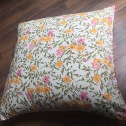 Handmade Reversible Cushion Cover Yellow Floral Block Print, 26x26 Inch - thumbnail 4