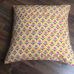 Handmade Reversible Cushion Cover Yellow Floral Block Print, 26x26 Inch - thumbnail 2
