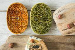 Ornamented Ceramic Soap Dish With Drain Handmade Oval Sponge Holder