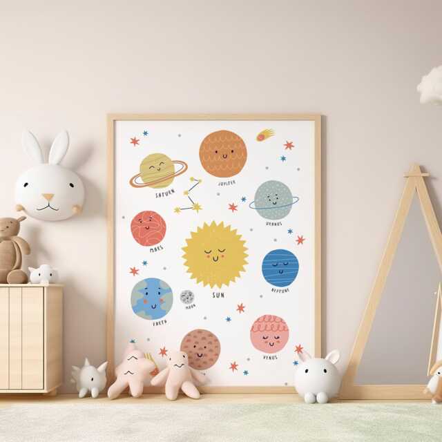 Smiley Solar System Poster Illustrated Planet Prints, Kids Poster, Room Decor, Nursery Illustration, Fun Poster - image 1