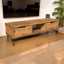 Tv Cabinet With Metal Legs - Reclaimed Wood Media Console Drawers Rustic Industrial Stand Mid-Century Storage Unit - thumbnail 3