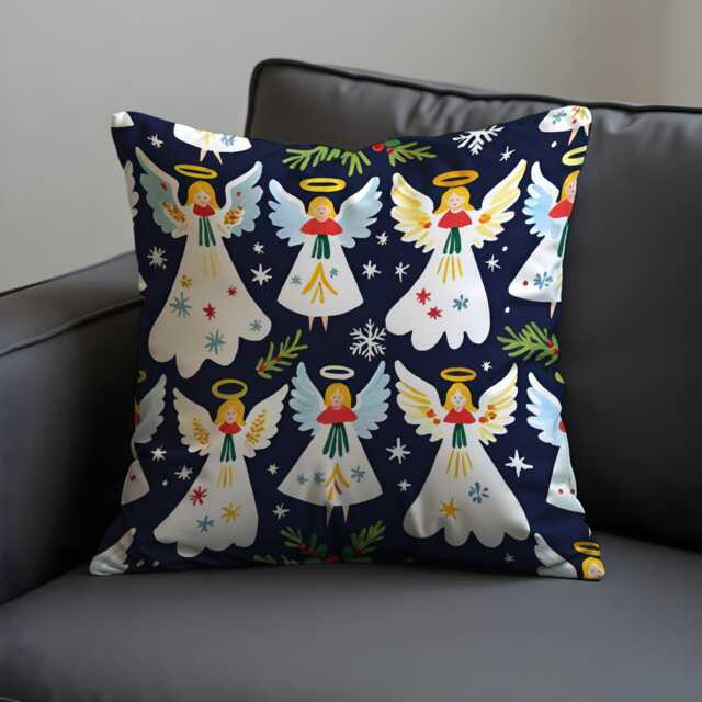 Christmas Angels Cushion Cover, Navy Holiday Throw Pillow Case With Cute Angels, Stars & Snowflakes Festive Winter Decor For Sofa Or Bed - image 1