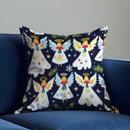 Christmas Angels Cushion Cover, Navy Holiday Throw Pillow Case With Cute Angels, Stars & Snowflakes Festive Winter Decor For Sofa Or Bed - thumbnail 2