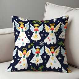 Christmas Angels Cushion Cover, Navy Holiday Throw Pillow Case With Cute Angels, Stars & Snowflakes Festive Winter Decor For Sofa Or Bed - thumbnail 4