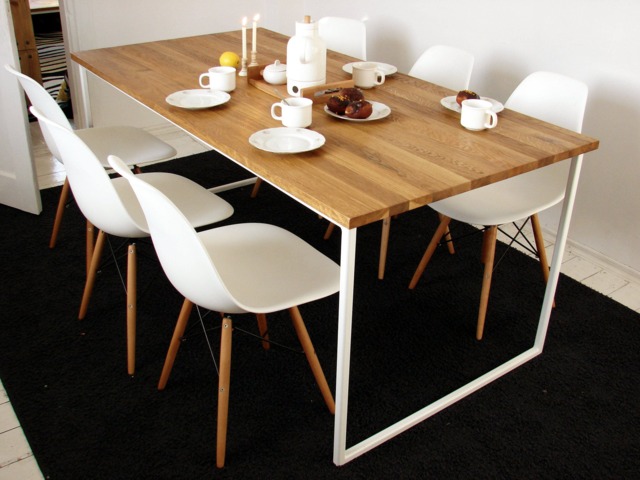 Scandinavian Dining Table Basic Tre, Handmade Modern Table, White Steel Frame Kitchen Solid Oak Wood Top, Nordic Style Design - image 1
