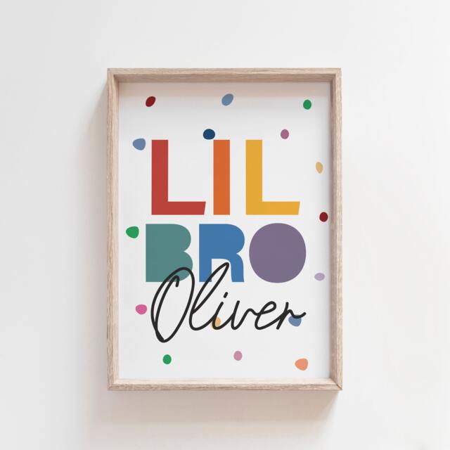 Lil Bro Print, Boys Nursery Sibling Prints, Bedroom Rainbow Playroom Name Wall Art - image 1