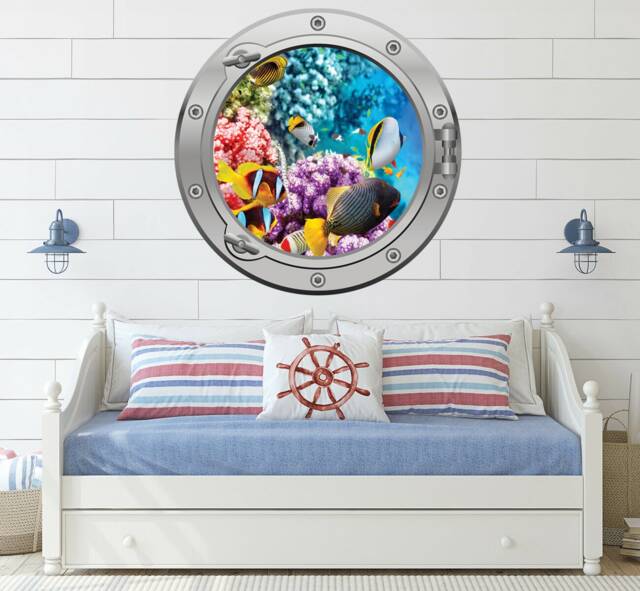 Large Coral Sea Underwater Fish Port Hole Silver Or Gold Porthole Round Gloss Cut Wall Sticker Decal Adhesive - image 1