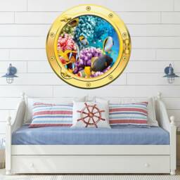 Large Coral Sea Underwater Fish Port Hole Silver Or Gold Porthole Round Gloss Cut Wall Sticker Decal Adhesive - thumbnail 2