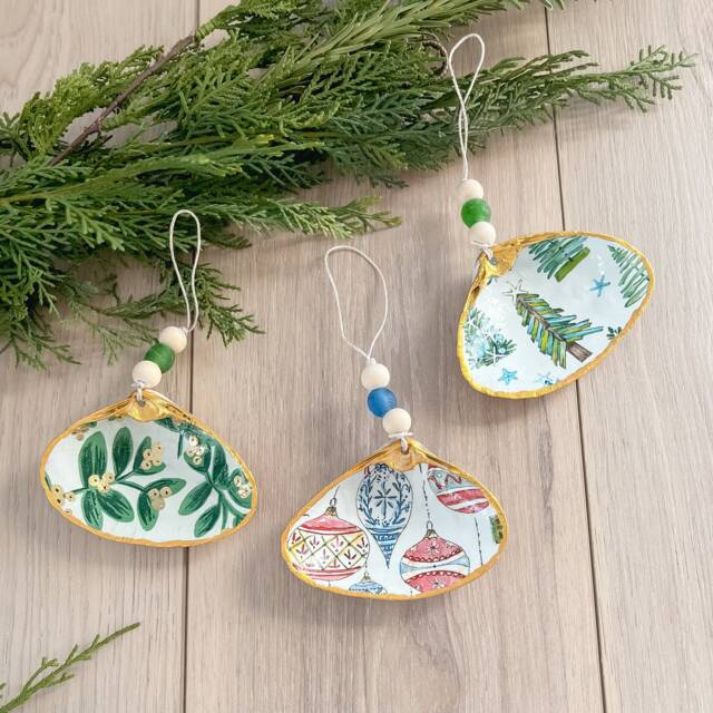 Clam Shell Christmas Ornament, Gift, Decoupage Shell, Beach Coastal Gilded Party Favor - image 1