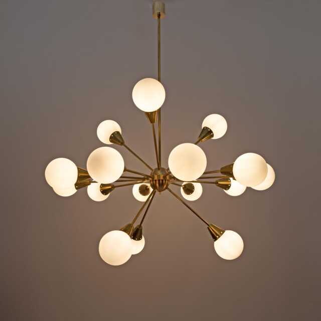 Large 1970S Italian Brass Sputnik Chandelier - Mid-Century Modern Opaline Glass Globes - image 1