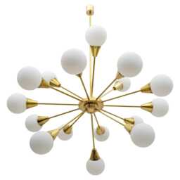 Large 1970S Italian Brass Sputnik Chandelier - Mid-Century Modern Opaline Glass Globes - thumbnail 2