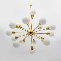 Large 1970S Italian Brass Sputnik Chandelier - Mid-Century Modern Opaline Glass Globes - thumbnail 4
