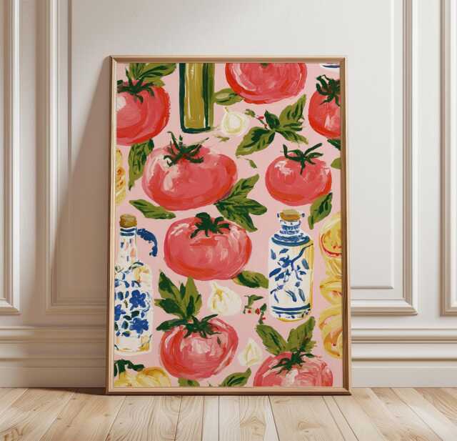 Tomato Pattern Poster, Mediterranean Kitchen Print, Food Wall Art - image 1