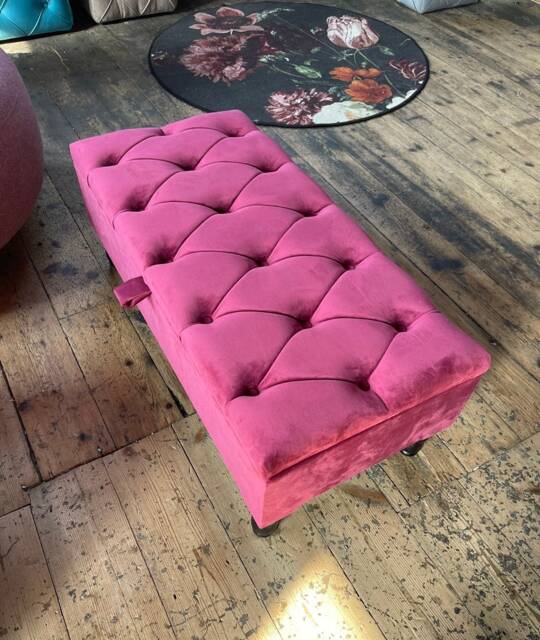 Reddish Pink Velvet Chesterfield Storage Ottoman, Luxury UK Handmade Coffee Table, Toy Blanket - image 1