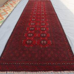 2'8x9'5 Ft Vintage Runner Rug, Handmade Antique Afghan Bukhara Design Turkmen Tribal High Pile Red Hallway, Kitchen - thumbnail 2