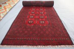 2'8x9'5 Ft Vintage Runner Rug, Handmade Antique Afghan Bukhara Design Turkmen Tribal High Pile Red Hallway, Kitchen - thumbnail 1