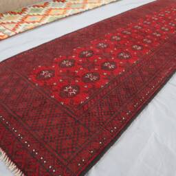 2'8x9'5 Ft Vintage Runner Rug, Handmade Antique Afghan Bukhara Design Turkmen Tribal High Pile Red Hallway, Kitchen - thumbnail 3